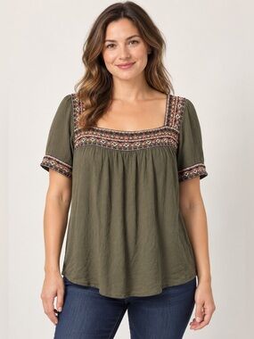 St. John’s Bay Large Olive Green Embroidered Boho Peasant Blouse